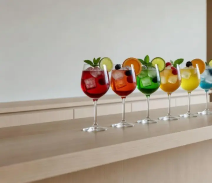 Elegáns fekete–arany bárpulton tálalt prémium koktélválogatás