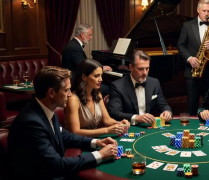 Élő jazz zene egy elegáns poker esten, gyertyafényes éttermi térben