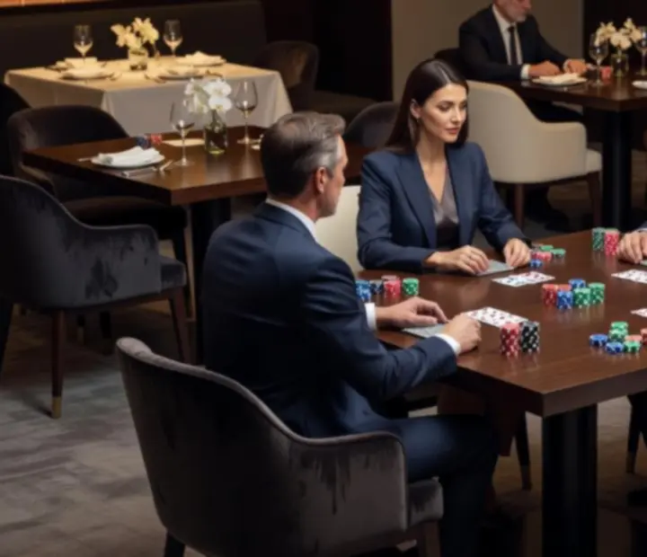 Elegáns éttermi poker est fekete-arany hangulatban, vendégek szimbolikus zsetonokkal játszanak