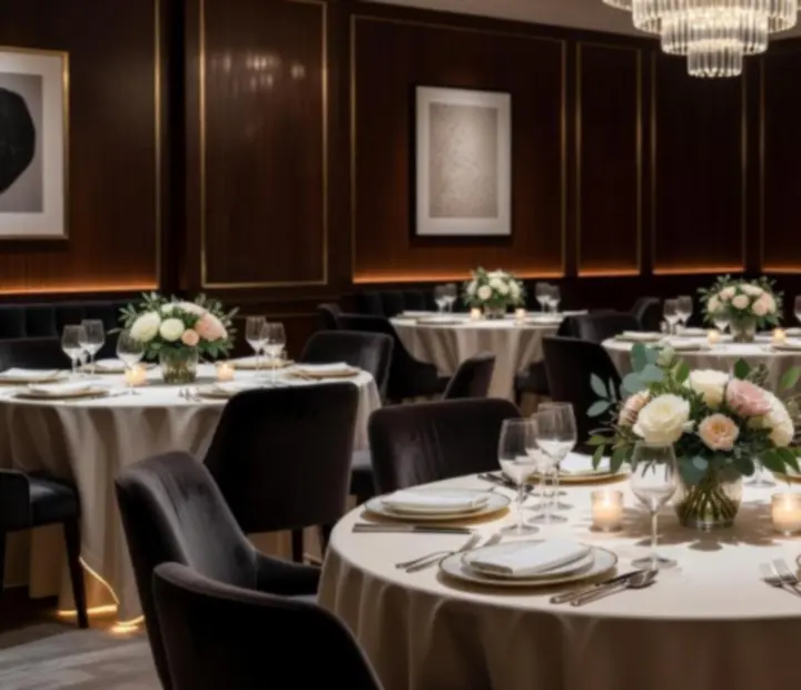 Elegáns, gyertyafényes rendezvényterem fekete-arany hangulattal